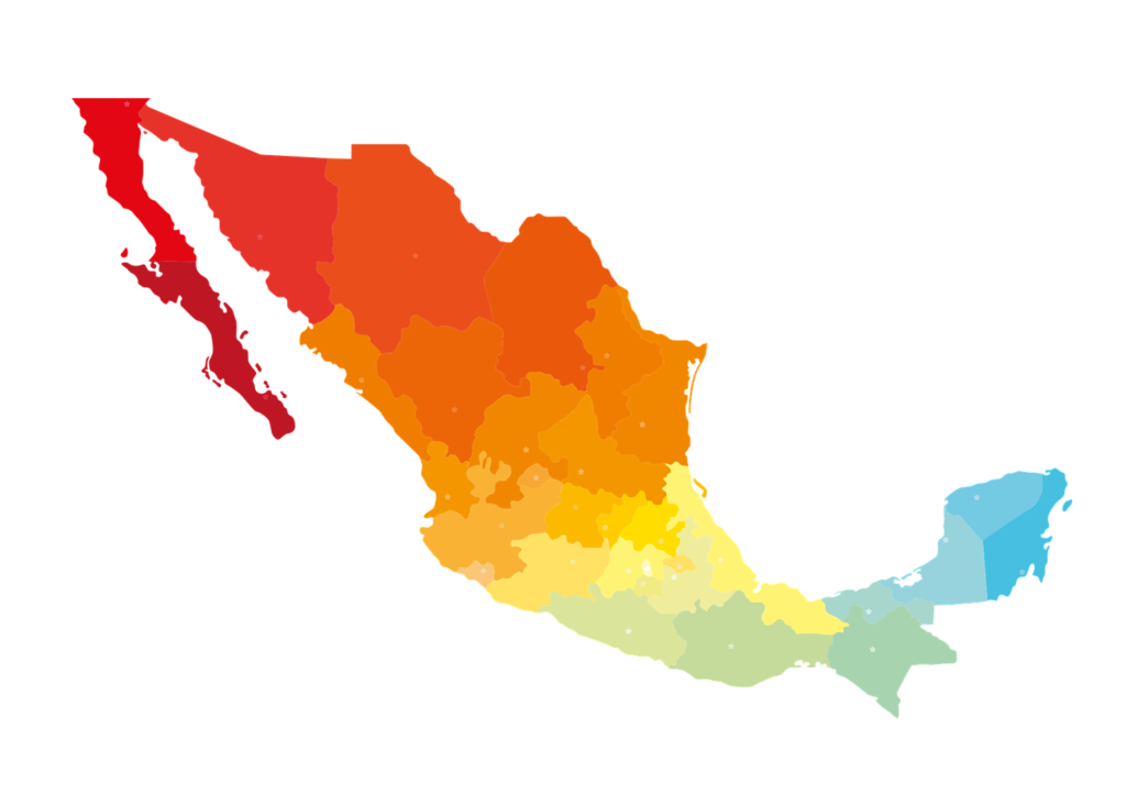 Mapa de las entidades de México en los colores del arcoíris